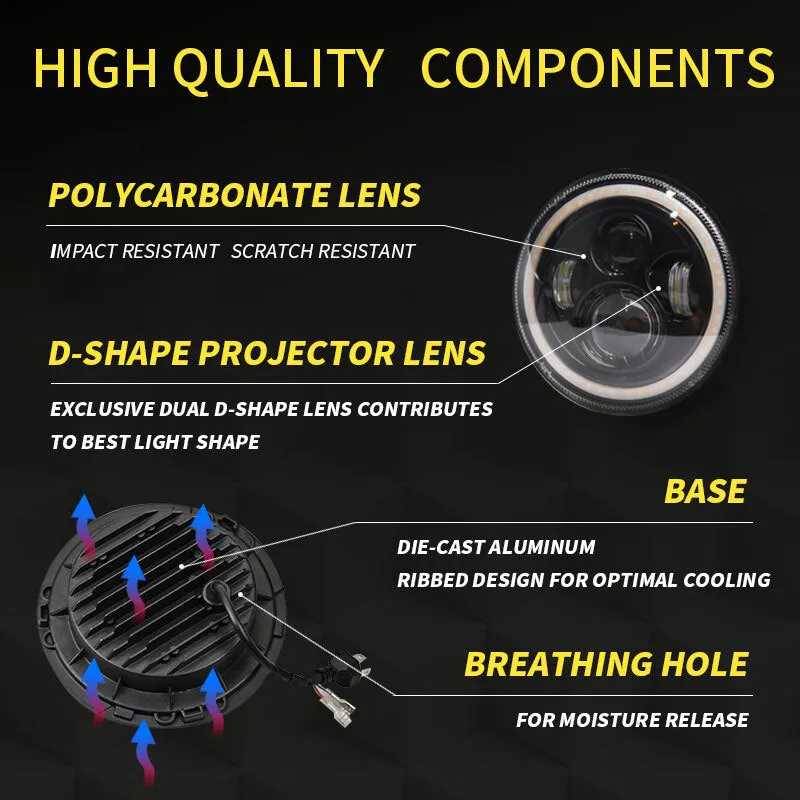 7 INCH 140W LED Headlights Round Halo Angle Eye For Jeep Wrangler