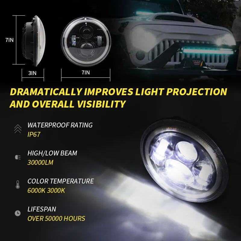 7 INCH 140W LED Headlights Round Halo Angle Eye For Jeep Wrangler