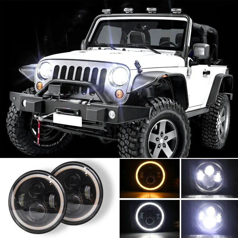 7 INCH 140W LED Headlights Round Halo Angle Eye For Jeep Wrangler