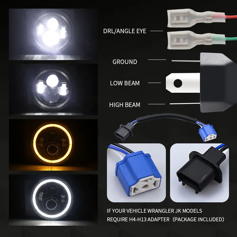 7 Inch LED Headlights DRL Hi/Lo Beam  Halo Ring Amber Angel Eye