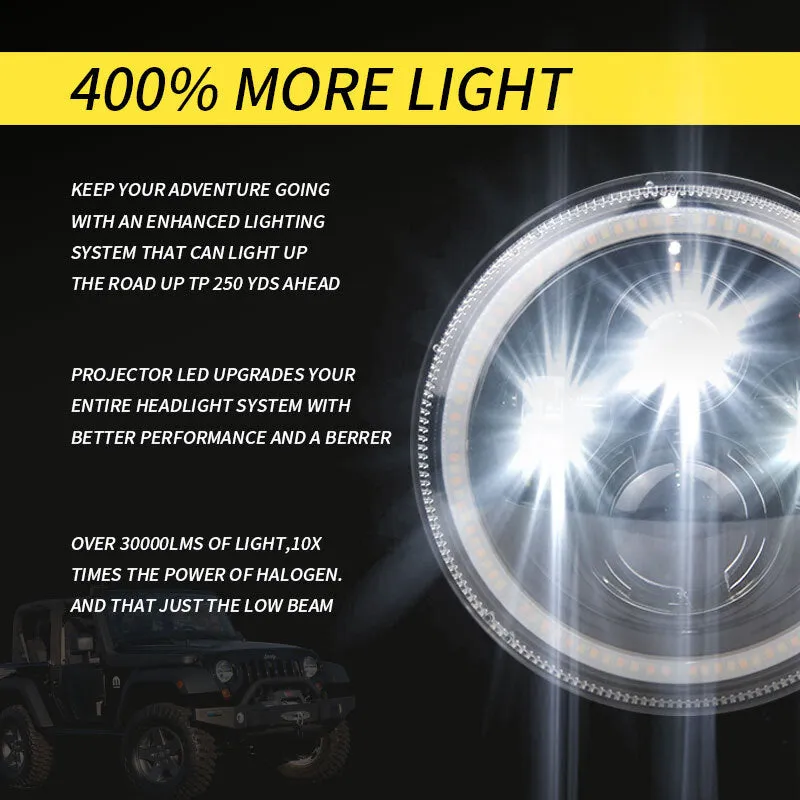 7 Inch LED Headlights DRL Hi/Lo Beam  Halo Ring Amber Angel Eye