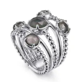 925 Sterling Silver Rock Crystal and Black Mother of Pearl Statement Bubble Ring