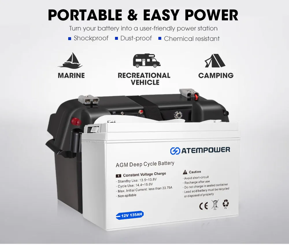 Atem Power 12V 135Ah AGM Deep Cycle Battery   12V 25A DC to DC Battery Charger   Battery Box