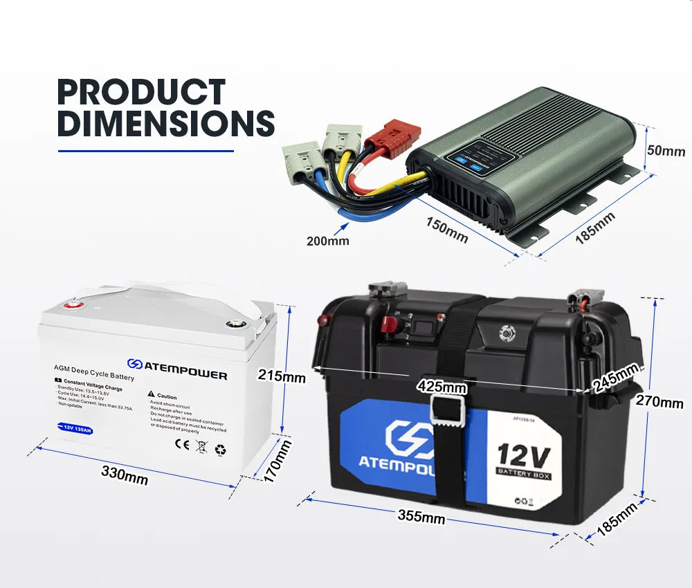 Atem Power 12V 135Ah AGM Deep Cycle Battery   12V 25A DC to DC Battery Charger   Battery Box