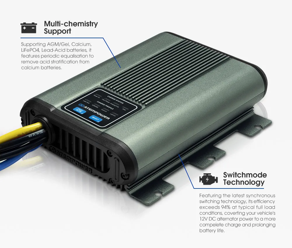 Atem Power 12V 135Ah AGM Deep Cycle Battery   12V 25A DC to DC Battery Charger   Battery Box