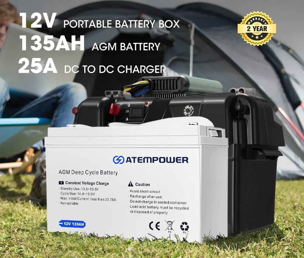 Atem Power 12V 135Ah AGM Deep Cycle Battery   12V 25A DC to DC Battery Charger   Battery Box