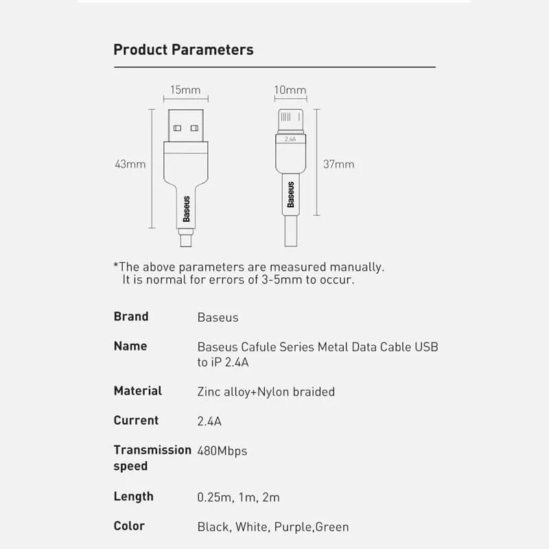 BASEUS 2M USB to Lightning Charging Cable (2.4A) | Cafule Metal Series iPhone Fast Charger Cable