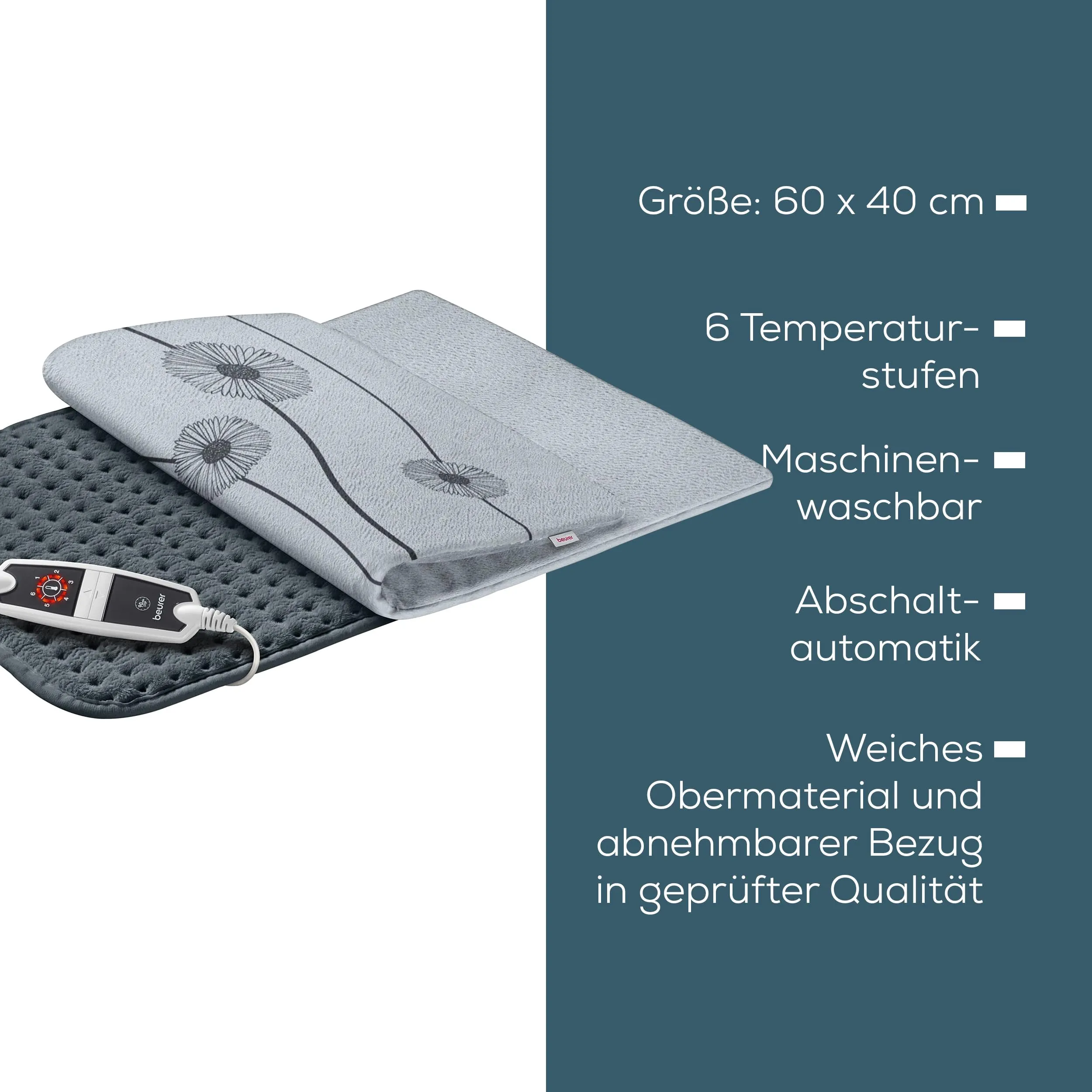 Beurer HK 125 heating pad (XXL format, with 6 temperature levels, automatic switch-off and LED switch, machine washable), gray, 1 piece (pack of 1), 60 x 40 cm dark gray with cover