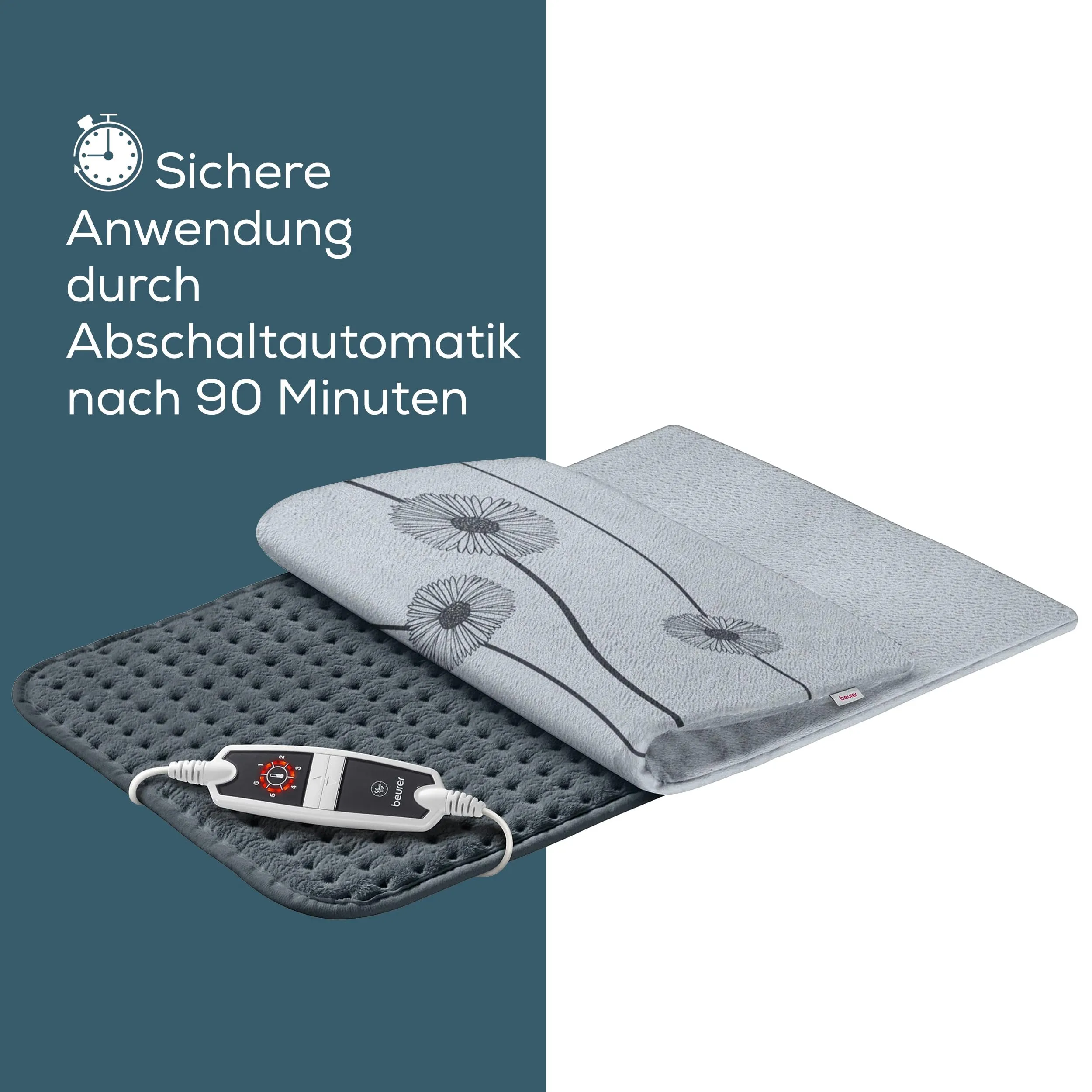 Beurer HK 125 heating pad (XXL format, with 6 temperature levels, automatic switch-off and LED switch, machine washable), gray, 1 piece (pack of 1), 60 x 40 cm dark gray with cover