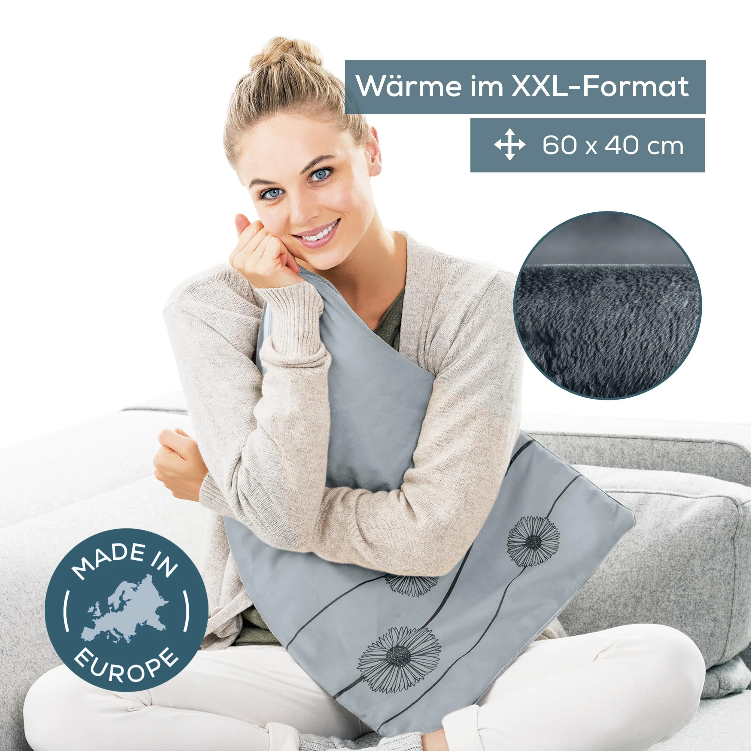 Beurer HK 125 heating pad (XXL format, with 6 temperature levels, automatic switch-off and LED switch, machine washable), gray, 1 piece (pack of 1), 60 x 40 cm dark gray with cover