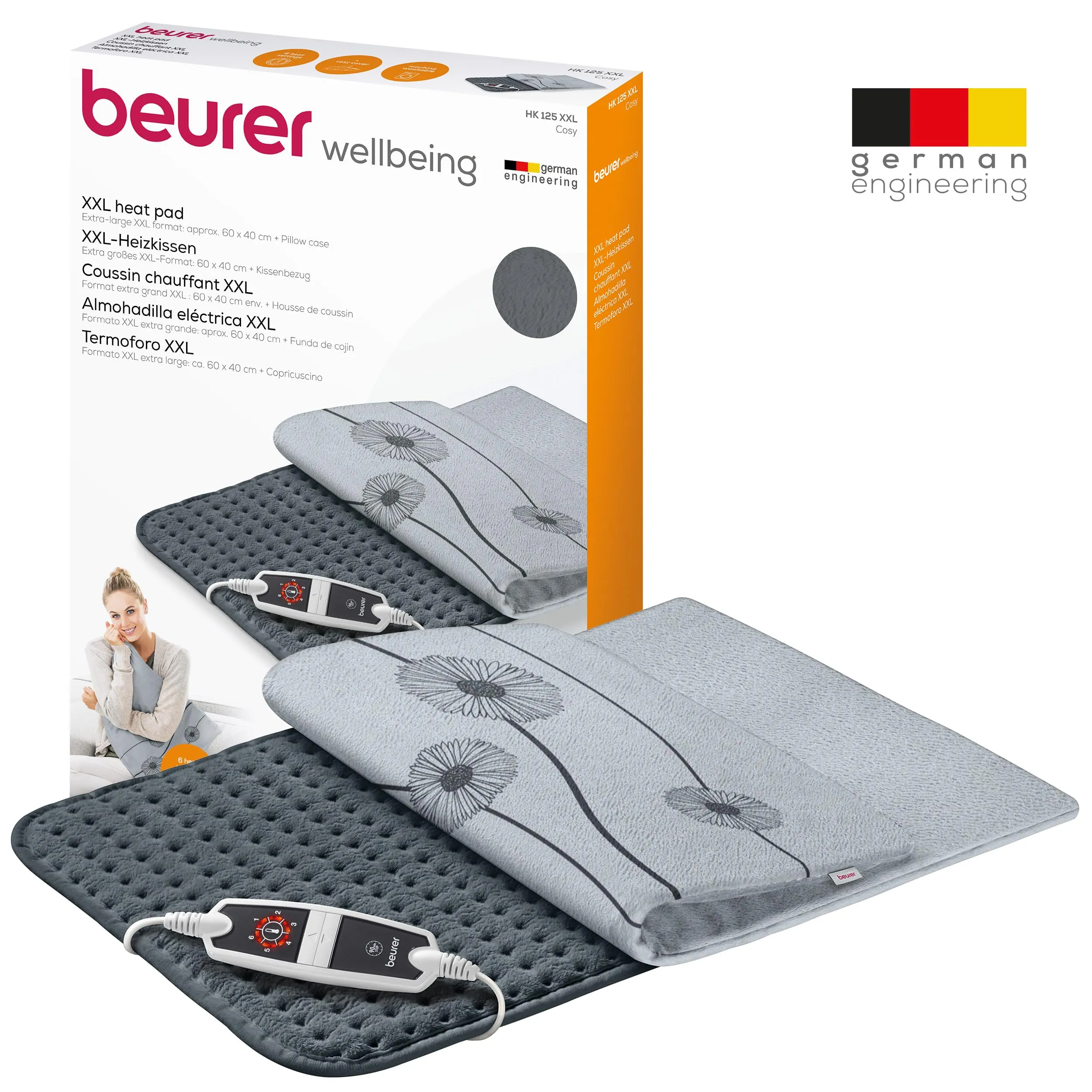 Beurer HK 125 heating pad (XXL format, with 6 temperature levels, automatic switch-off and LED switch, machine washable), gray, 1 piece (pack of 1), 60 x 40 cm dark gray with cover