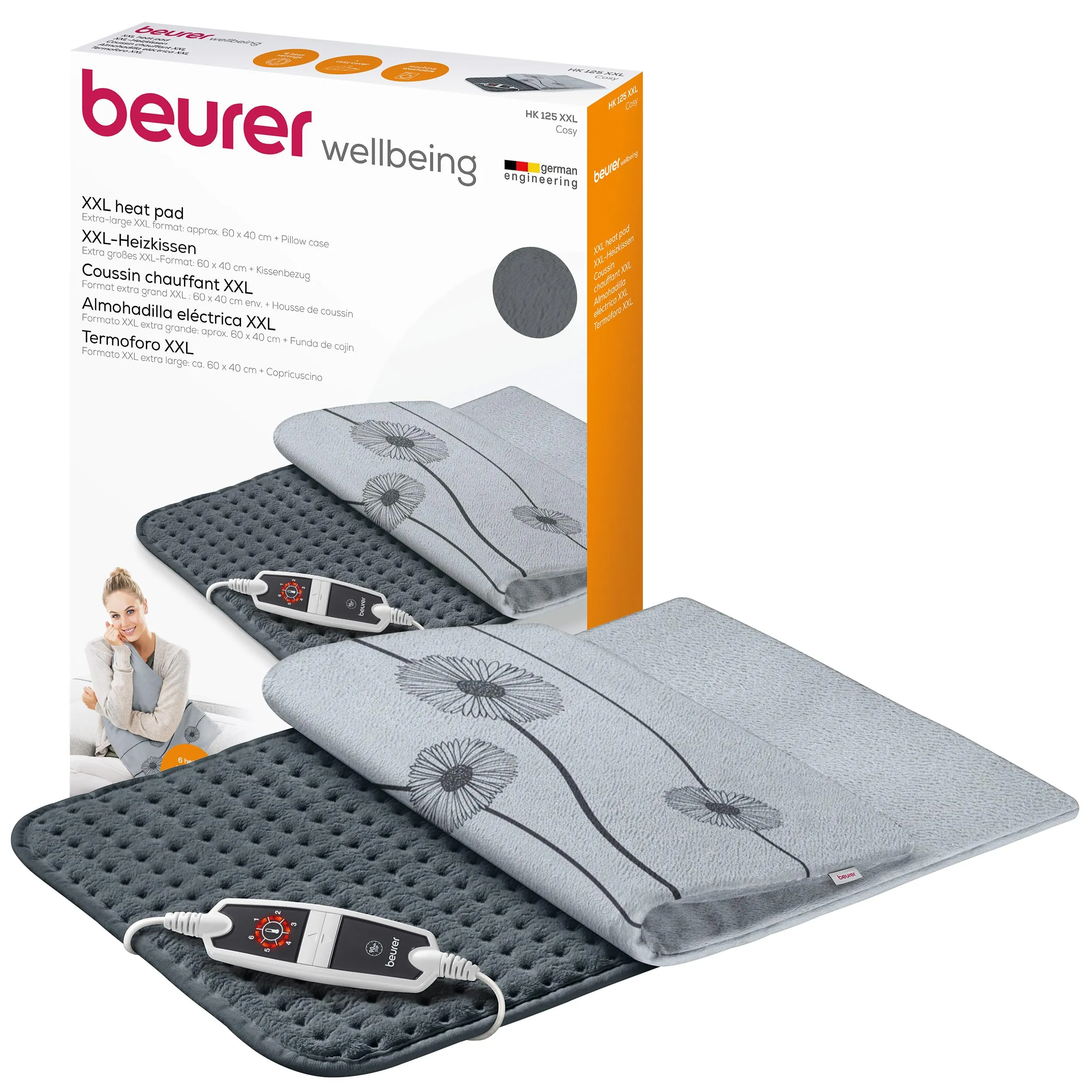 Beurer HK 125 heating pad (XXL format, with 6 temperature levels, automatic switch-off and LED switch, machine washable), gray, 1 piece (pack of 1), 60 x 40 cm dark gray with cover