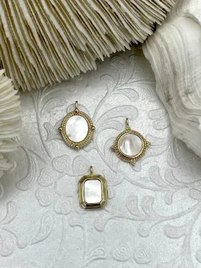 Brass Gold Plated Mother of Pearl Pendants, High Quality Brass Charms, 3 Styles, Mother of Pearl Charms, MOP pendants, Fast Ship.