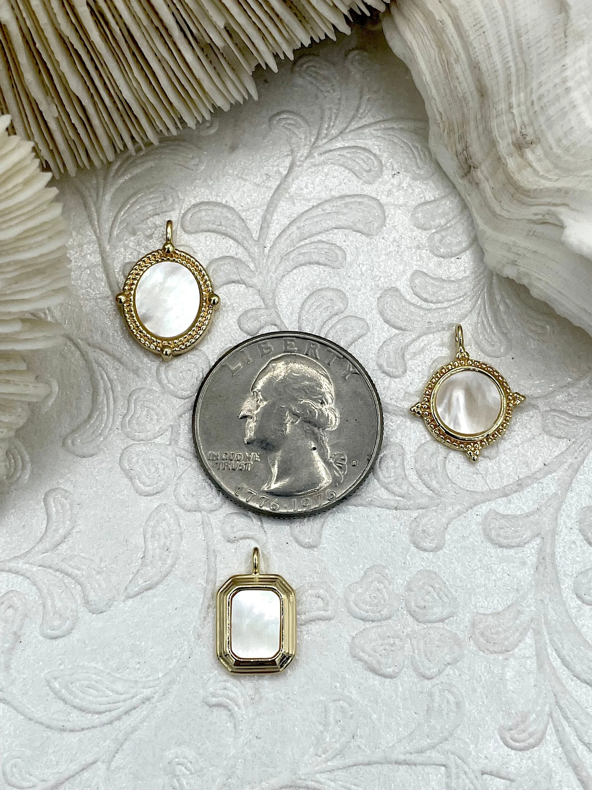 Brass Gold Plated Mother of Pearl Pendants, High Quality Brass Charms, 3 Styles, Mother of Pearl Charms, MOP pendants, Fast Ship.