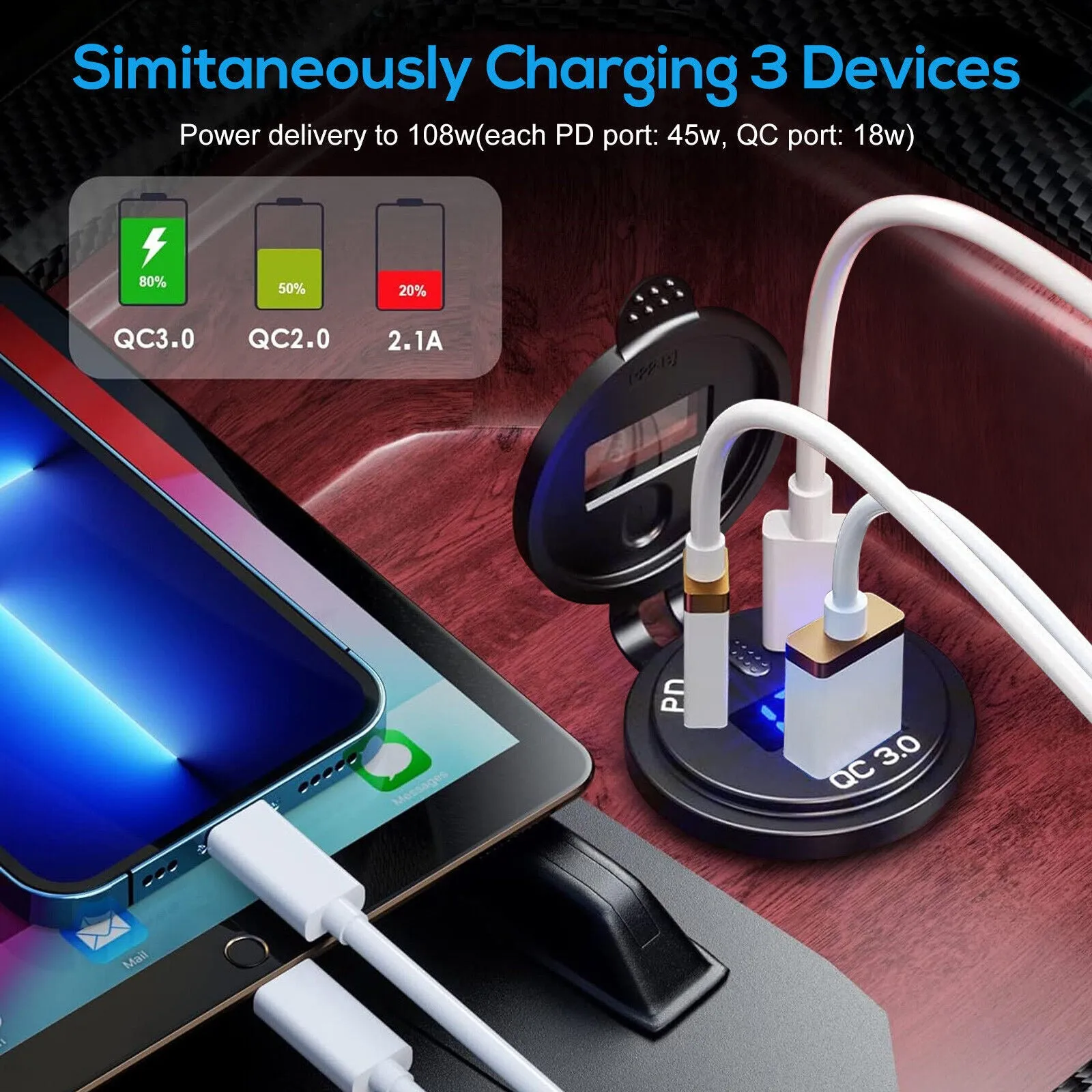 Car Charger Socket 45W PD USB Outlet 18W QC3.0 USB Charger Socket
