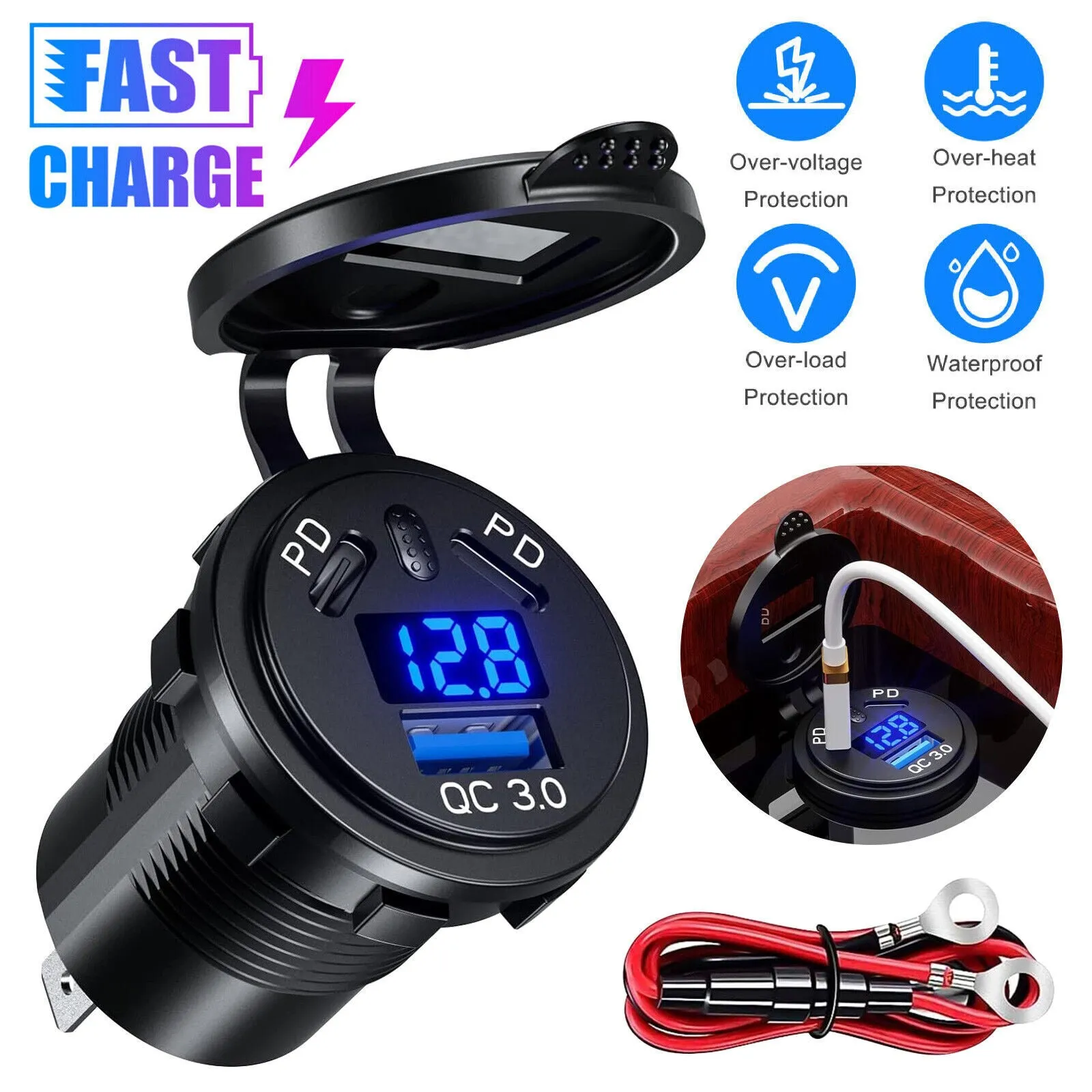 Car Charger Socket 45W PD USB Outlet 18W QC3.0 USB Charger Socket