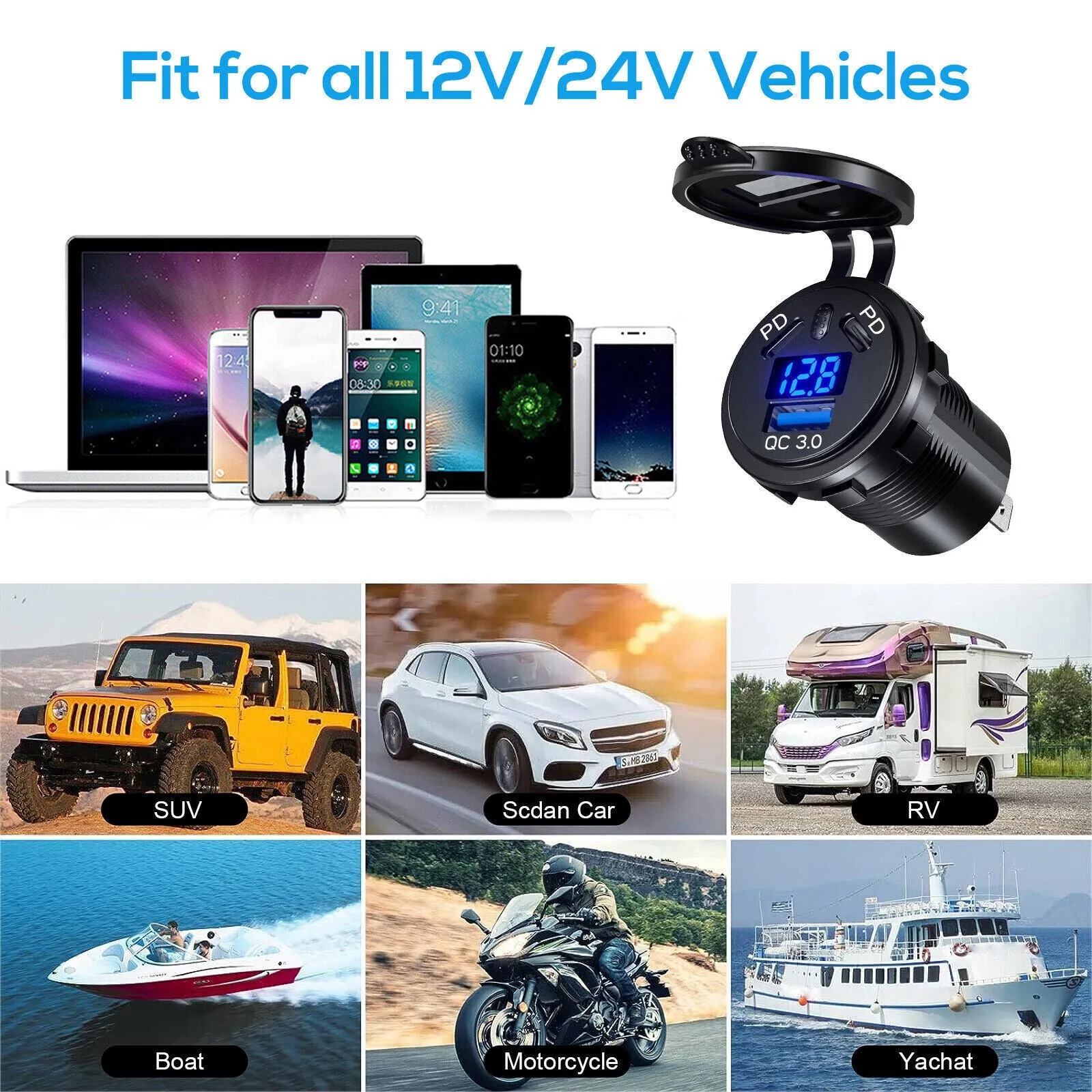 Car Charger Socket 45W PD USB Outlet 18W QC3.0 USB Charger Socket
