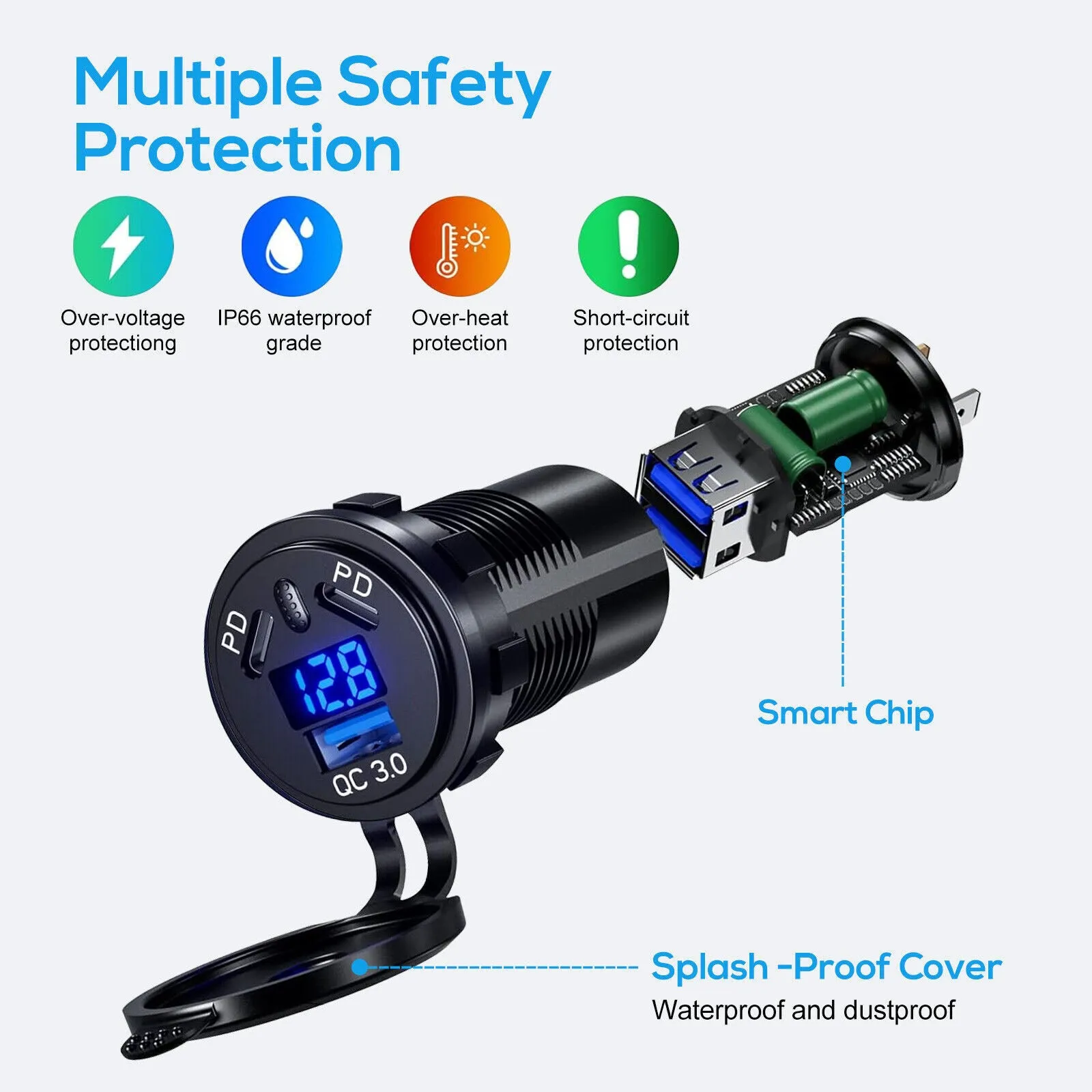 Car Charger Socket 45W PD USB Outlet 18W QC3.0 USB Charger Socket