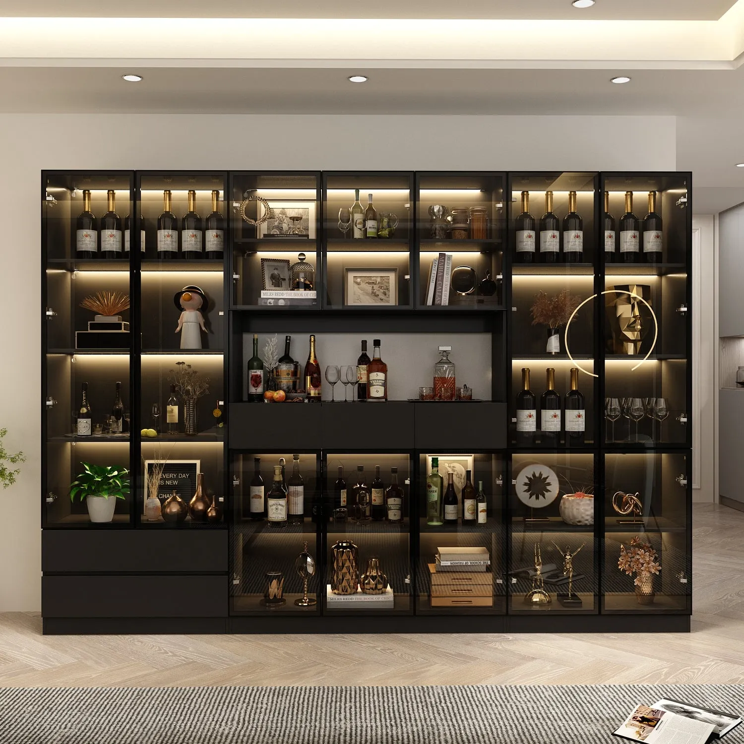 Display Storage Cabinet with LED Lights and Tempered Glass Doors