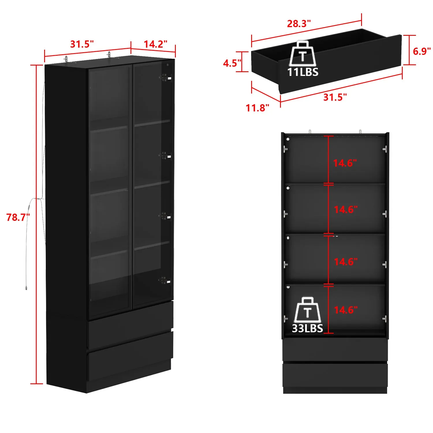Display Storage Cabinet with LED Lights and Tempered Glass Doors