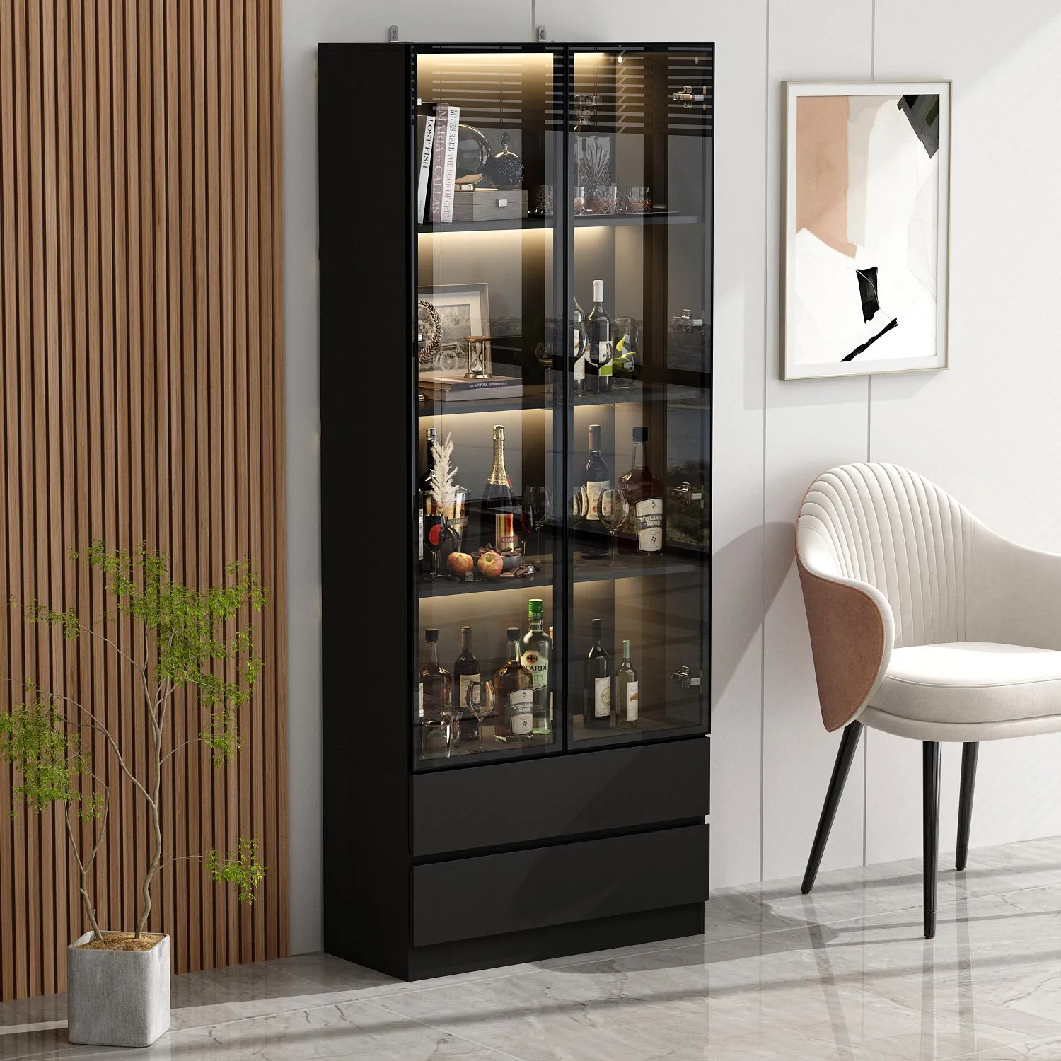Display Storage Cabinet with LED Lights and Tempered Glass Doors