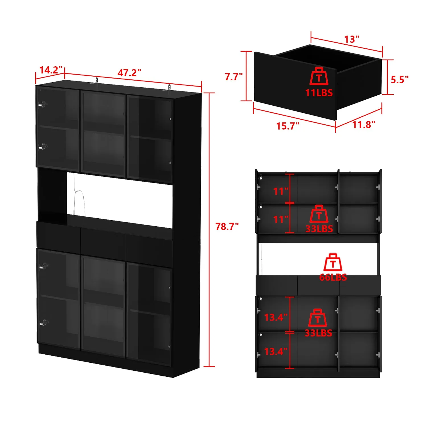 Display Storage Cabinet with LED Lights and Tempered Glass Doors