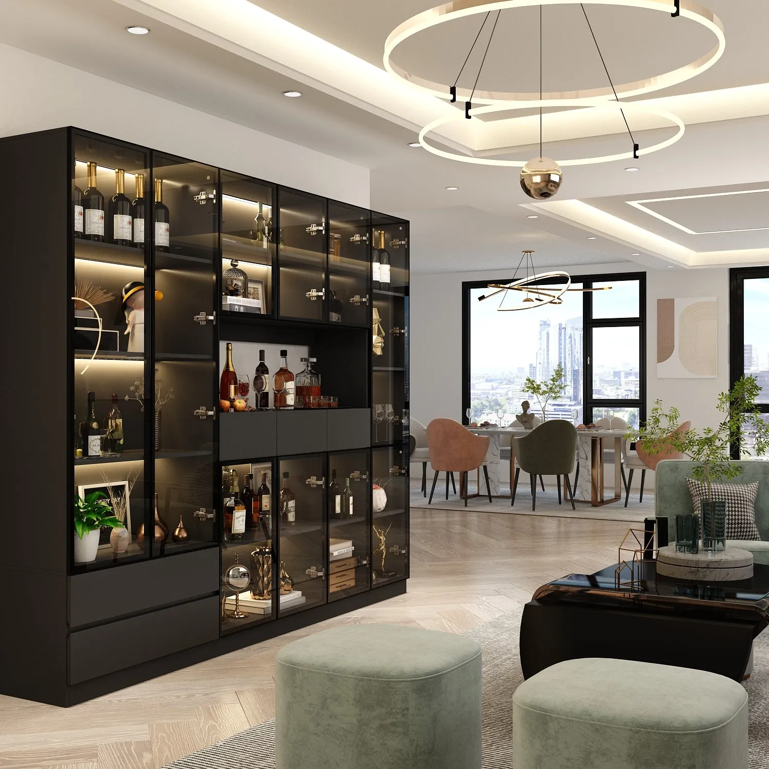 Display Storage Cabinet with LED Lights and Tempered Glass Doors