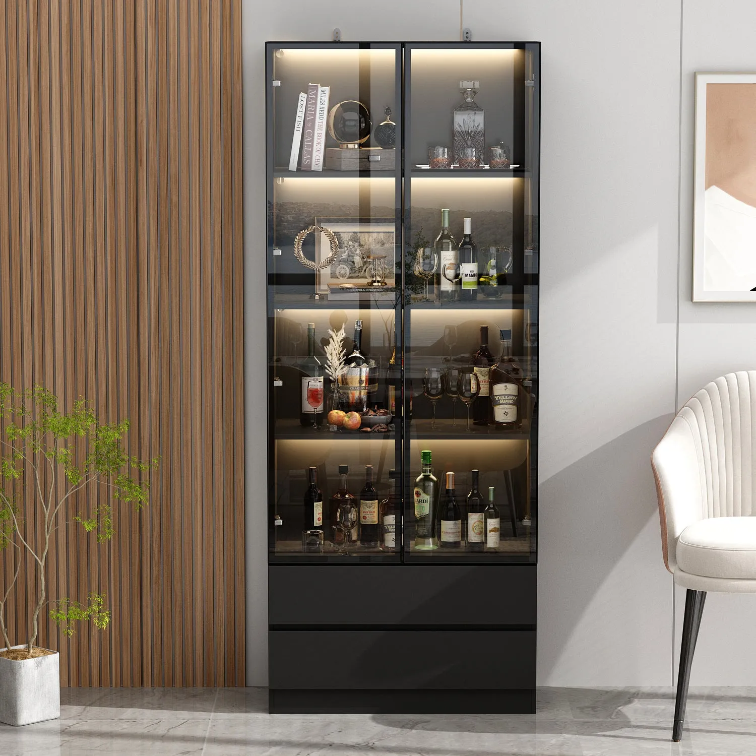 Display Storage Cabinet with LED Lights and Tempered Glass Doors