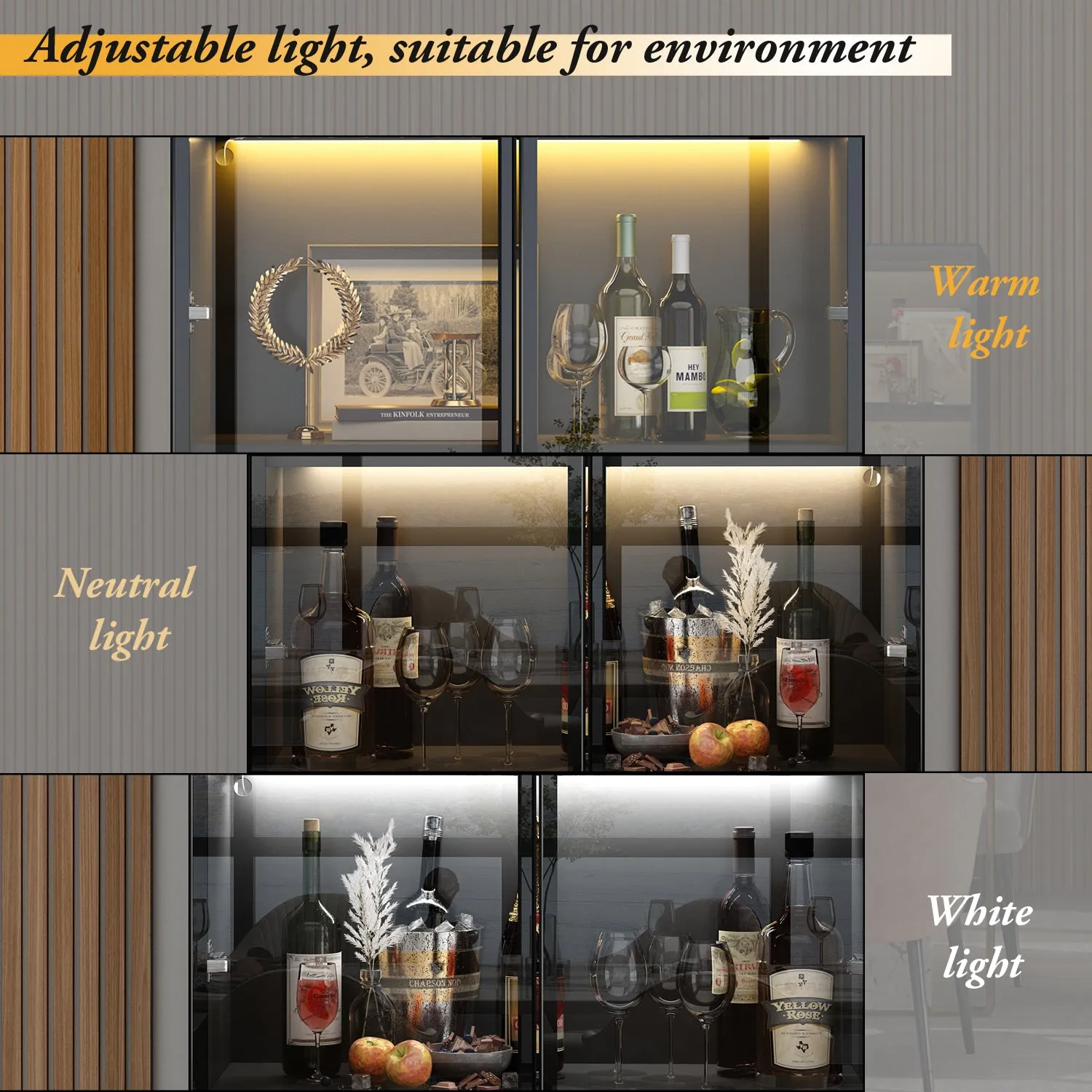 Display Storage Cabinet with LED Lights and Tempered Glass Doors
