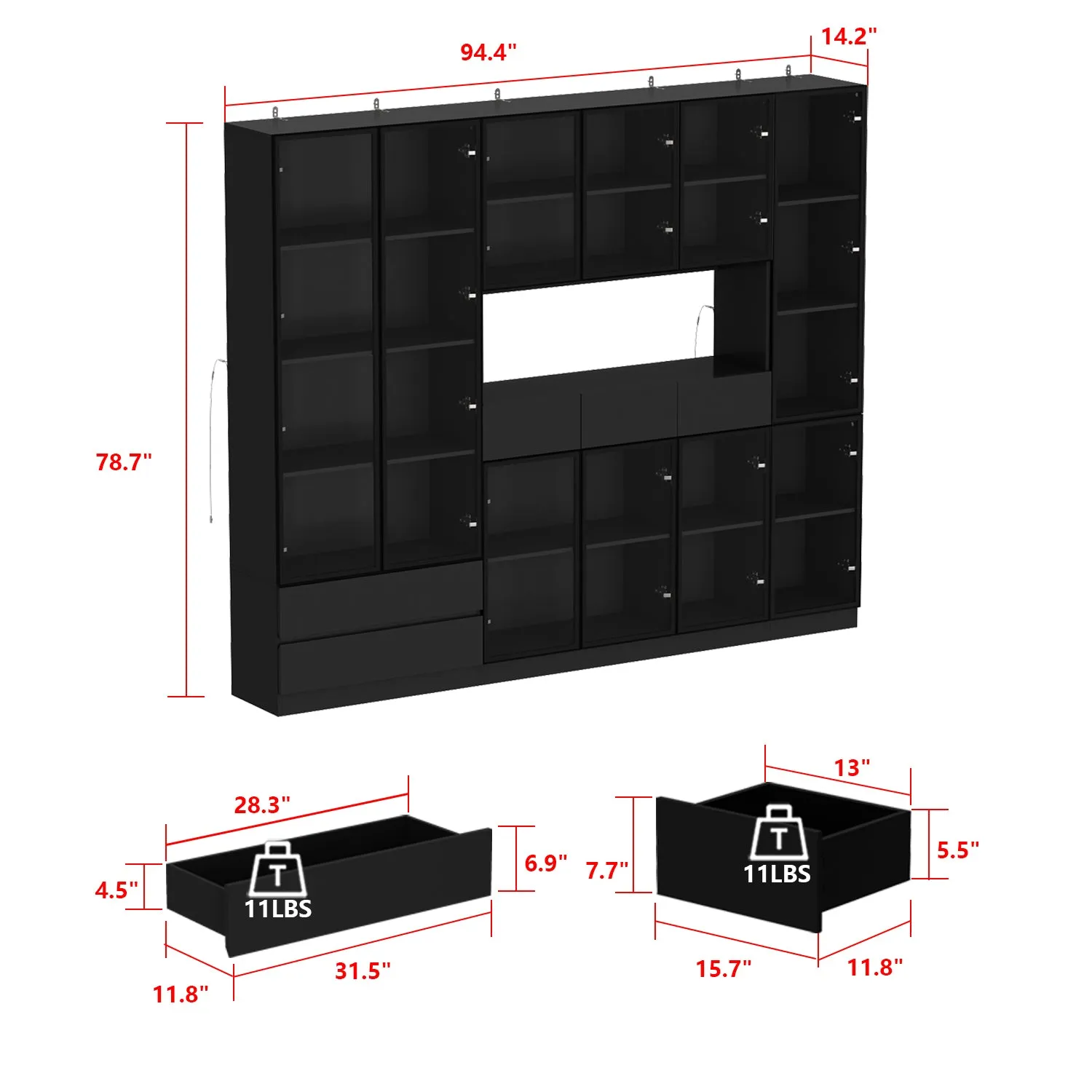 Display Storage Cabinet with LED Lights and Tempered Glass Doors