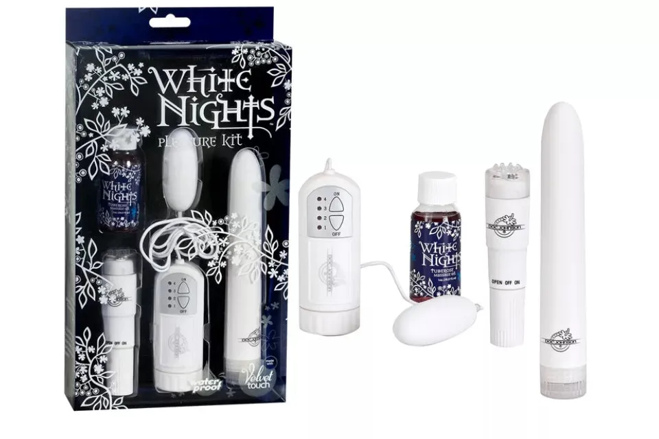 Doc Johnson WHITE NIGHTS PLEASURE KIT includes 3 Vibrators and Massage Oil