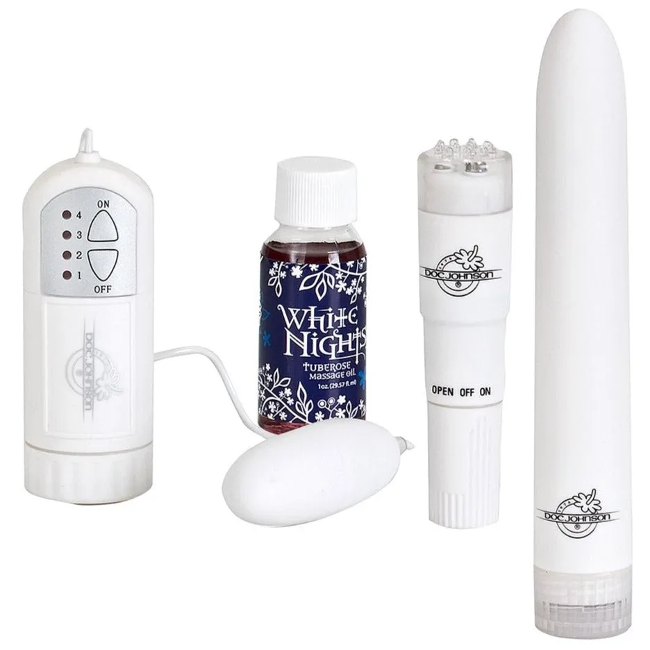 Doc Johnson WHITE NIGHTS PLEASURE KIT includes 3 Vibrators and Massage Oil