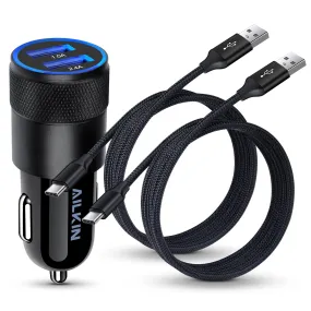 everyday Dual USB Car Charger   2PCS Type C USB C Cables Car Cigarette Lighter Adapter Socket Charger with 6ft Type C Fast Charging Cords USB Cables,Black