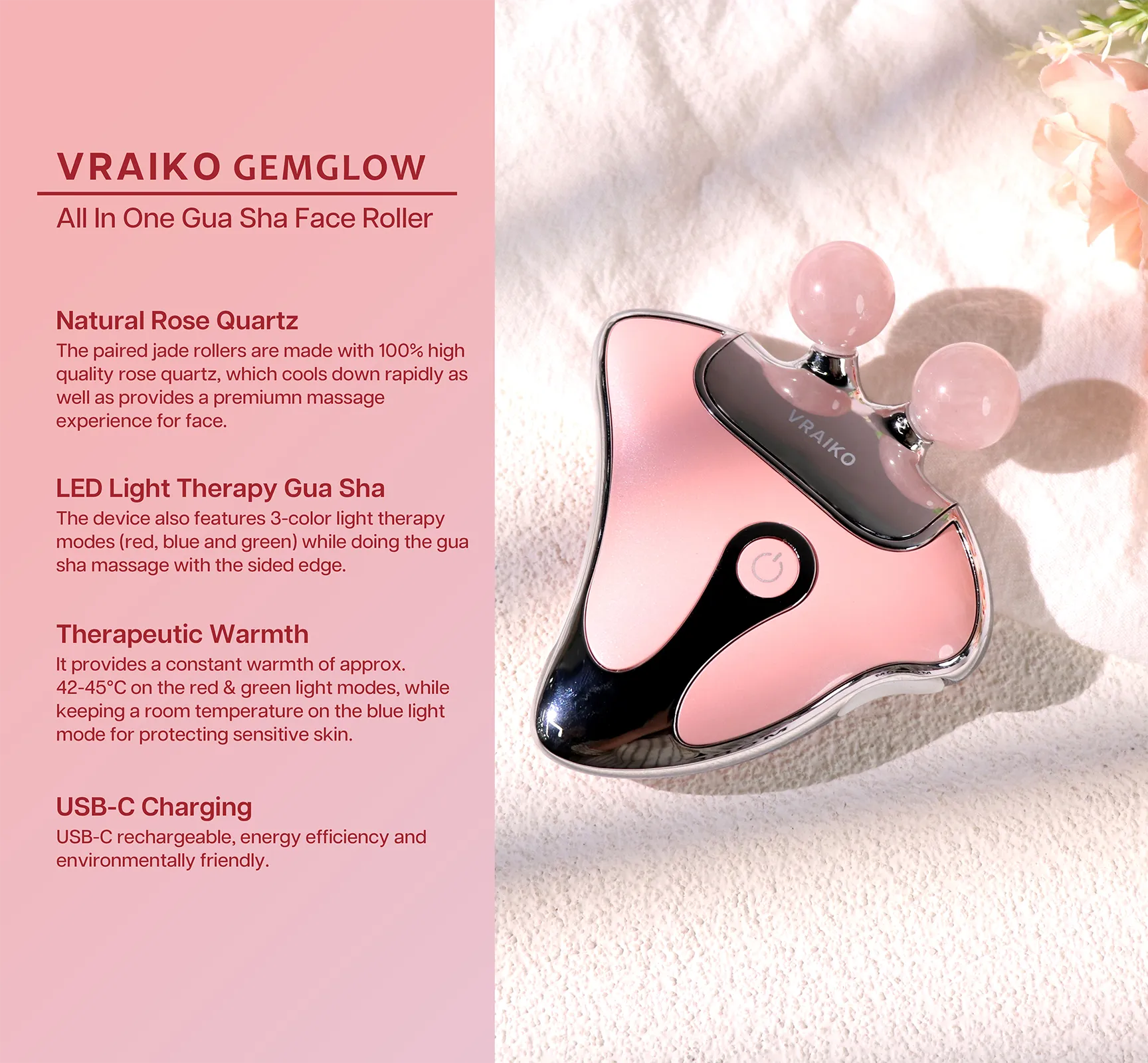 GemGlow Gua Sha Face Roller (Rose Quartz)