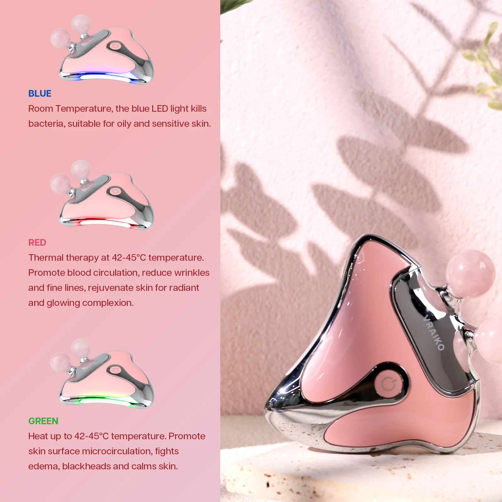 GemGlow Gua Sha Face Roller (Rose Quartz)