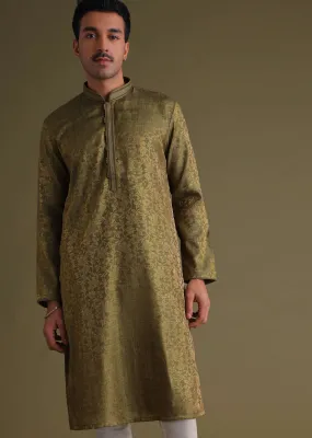 Mehendi Green Festive Kurta Set With Golden Floral Print In Jacquard