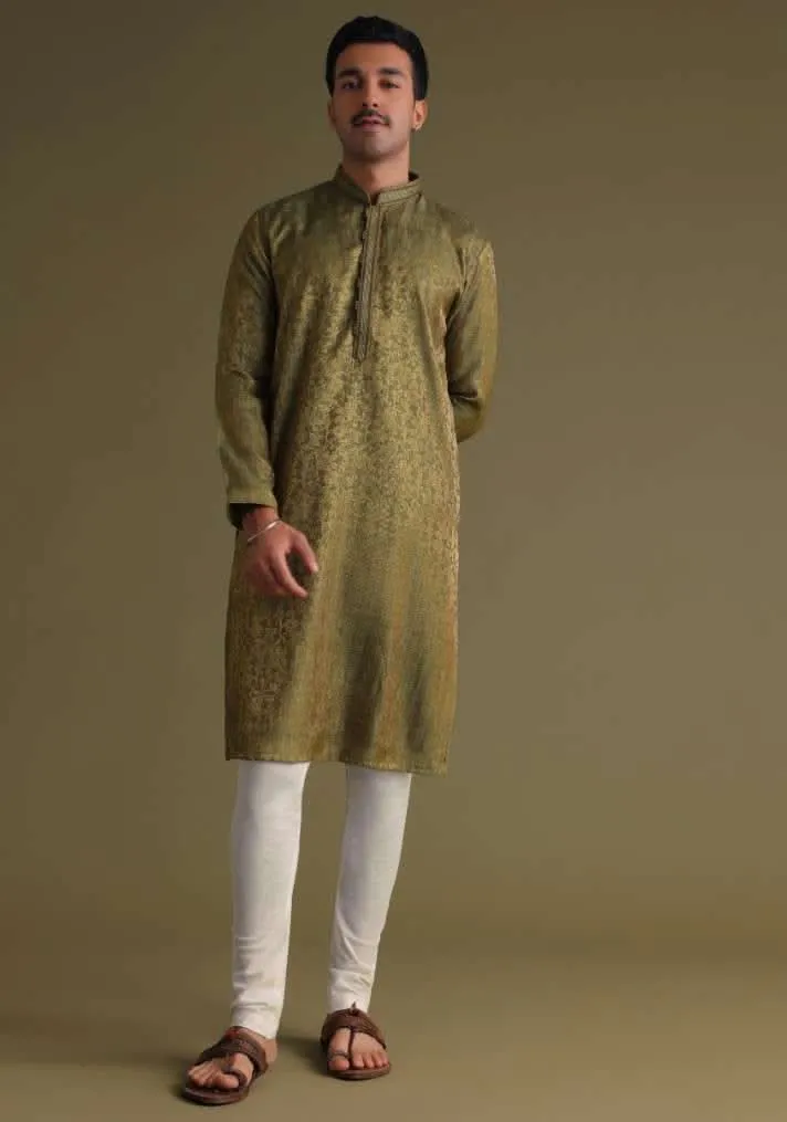 Mehendi Green Festive Kurta Set With Golden Floral Print In Jacquard