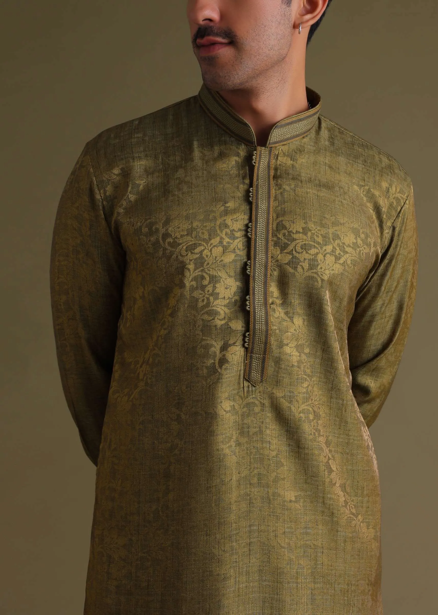 Mehendi Green Festive Kurta Set With Golden Floral Print In Jacquard