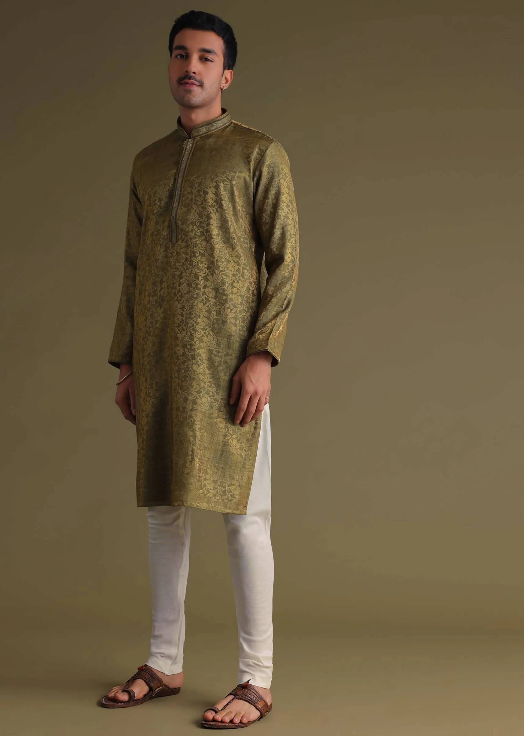 Mehendi Green Festive Kurta Set With Golden Floral Print In Jacquard