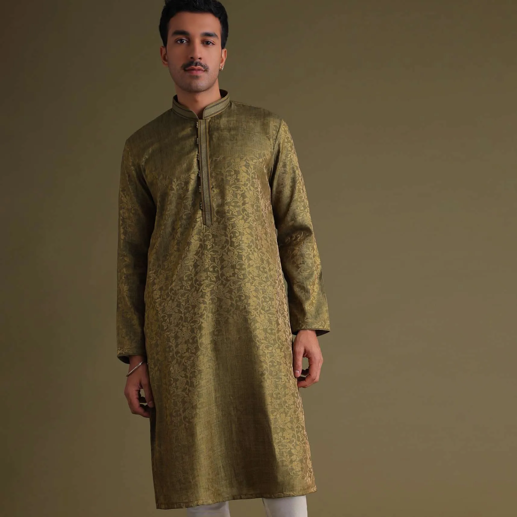 Mehendi Green Festive Kurta Set With Golden Floral Print In Jacquard