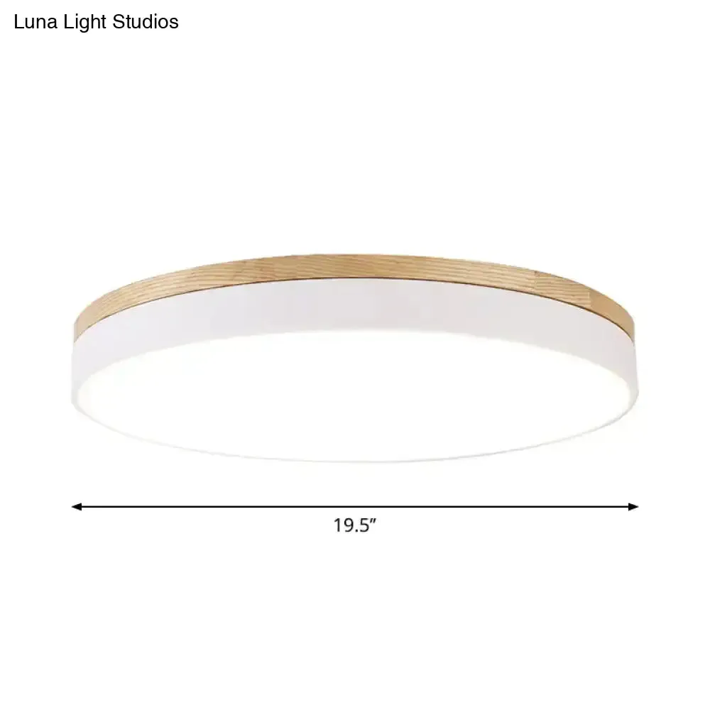 Minimalist White LED Acrylic Flushmount Ceiling Light with Wood Canopy - 12"/16"/19.5" Diameter