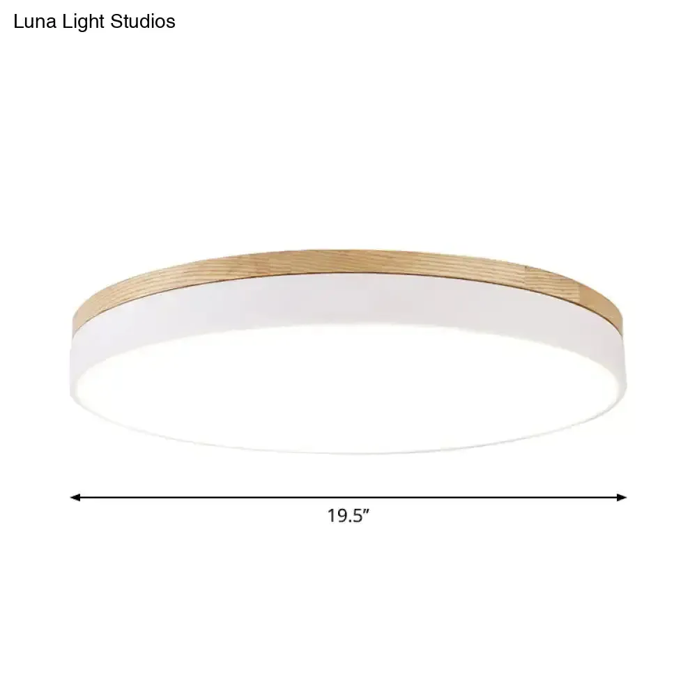 Minimalist White LED Acrylic Flushmount Ceiling Light with Wood Canopy - 12"/16"/19.5" Diameter
