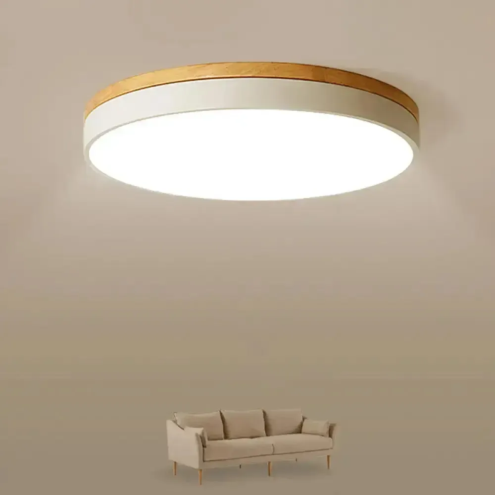 Minimalist White LED Acrylic Flushmount Ceiling Light with Wood Canopy - 12"/16"/19.5" Diameter