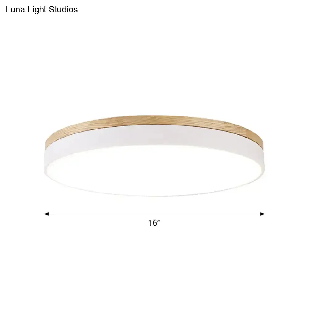Minimalist White LED Acrylic Flushmount Ceiling Light with Wood Canopy - 12"/16"/19.5" Diameter