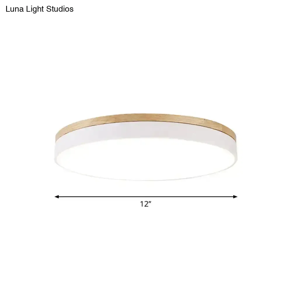 Minimalist White LED Acrylic Flushmount Ceiling Light with Wood Canopy - 12"/16"/19.5" Diameter