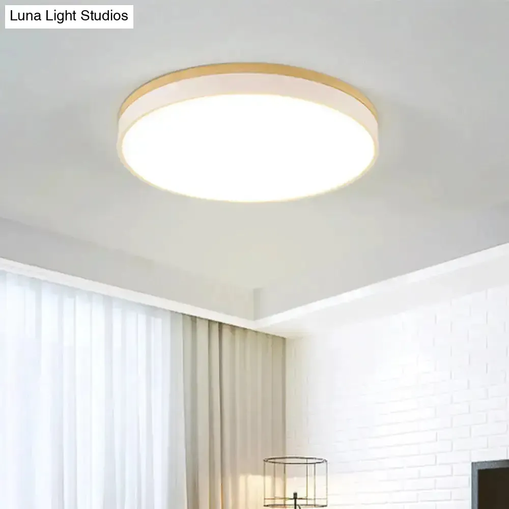 Minimalist White LED Acrylic Flushmount Ceiling Light with Wood Canopy - 12"/16"/19.5" Diameter