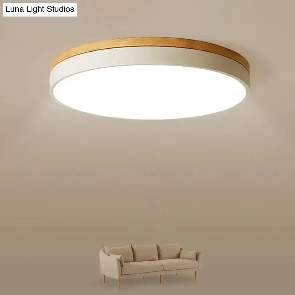 Minimalist White LED Acrylic Flushmount Ceiling Light with Wood Canopy - 12"/16"/19.5" Diameter