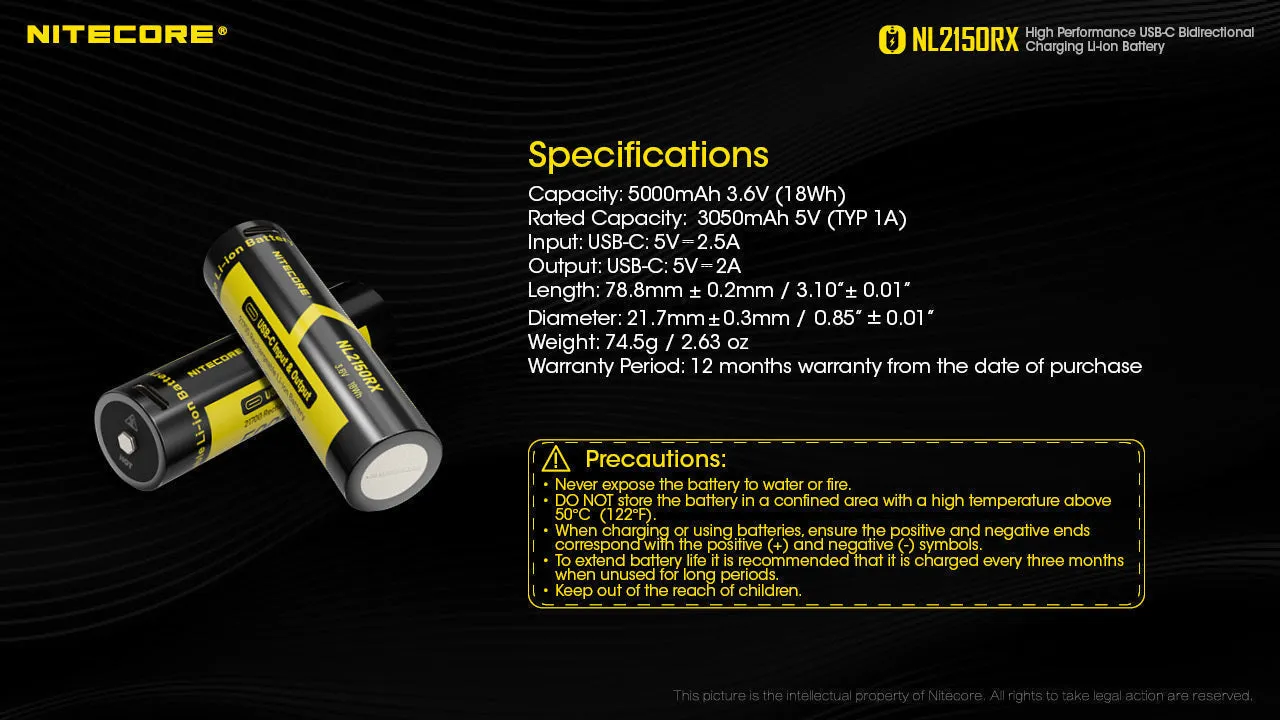 Nitecore NL2150RX 5000mAh USB-C Rechargeable 21700 Li-Ion Battery w/  Powerbank Function