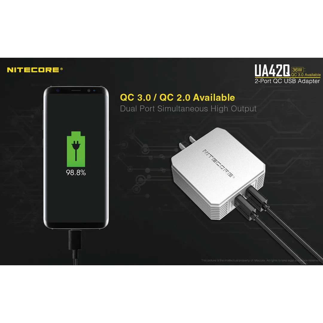 Nitecore UA42Q 2-Port Quick Charge USB Adapter, QC2.0/QC3.0