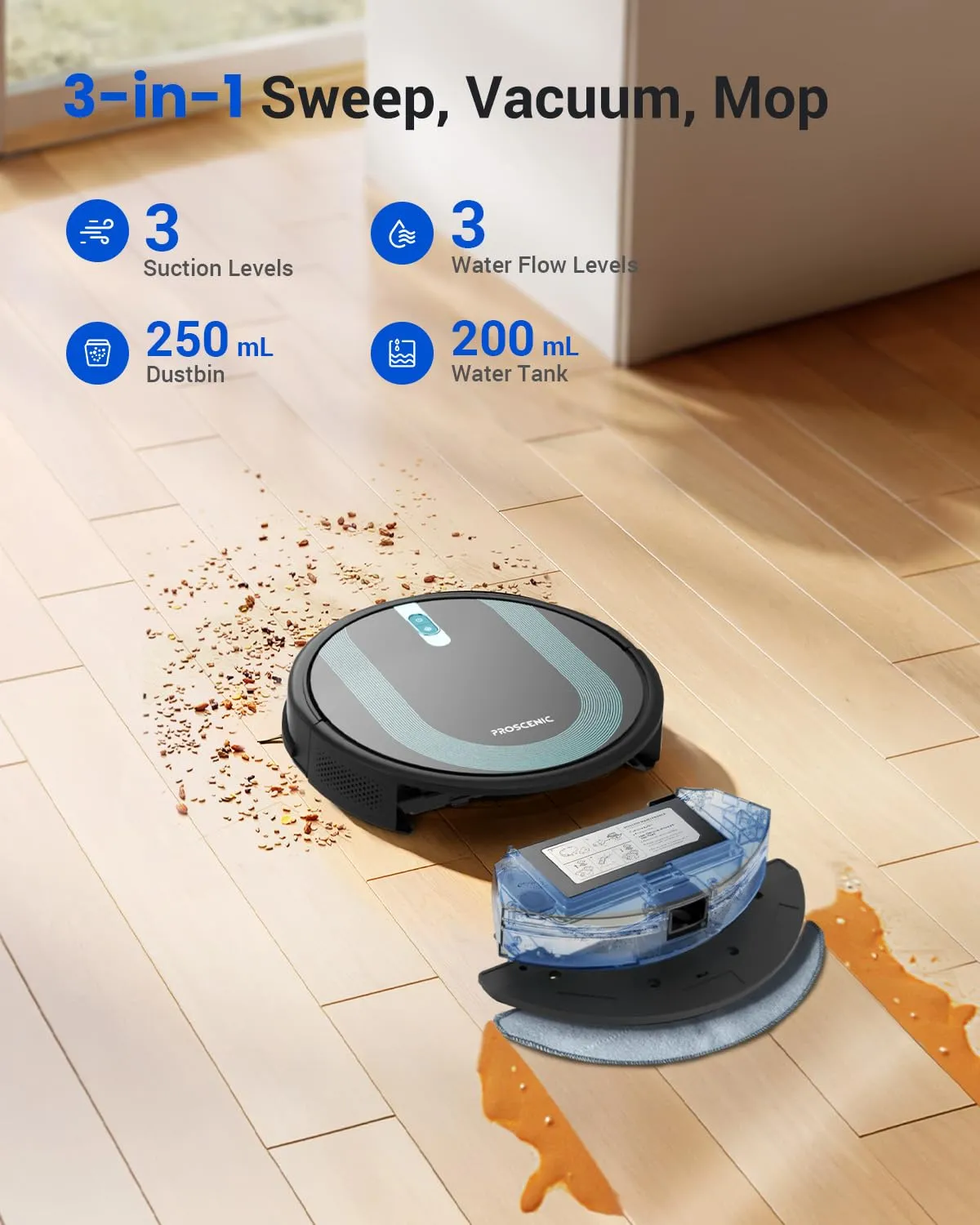 Proscenic WiFi Robot Vacuum and Mop 3000 Pa with Gyro Navigation, Boundary Strip, Self-Charging -3 Modes for Hard Floors and Carpets WiFi. Remote Control -Dark Black